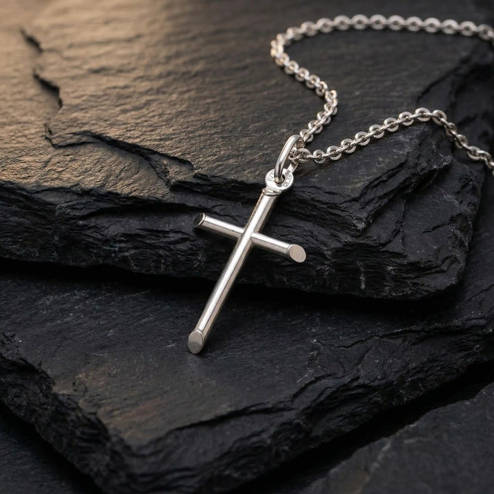 Tubular Latin White Gold Cross Pendant on stone