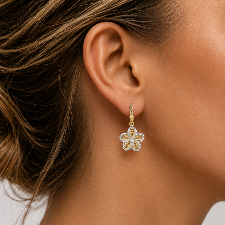 Two Tone Fancy Diamond Cut Flower Drop Earrings - worn on ear
