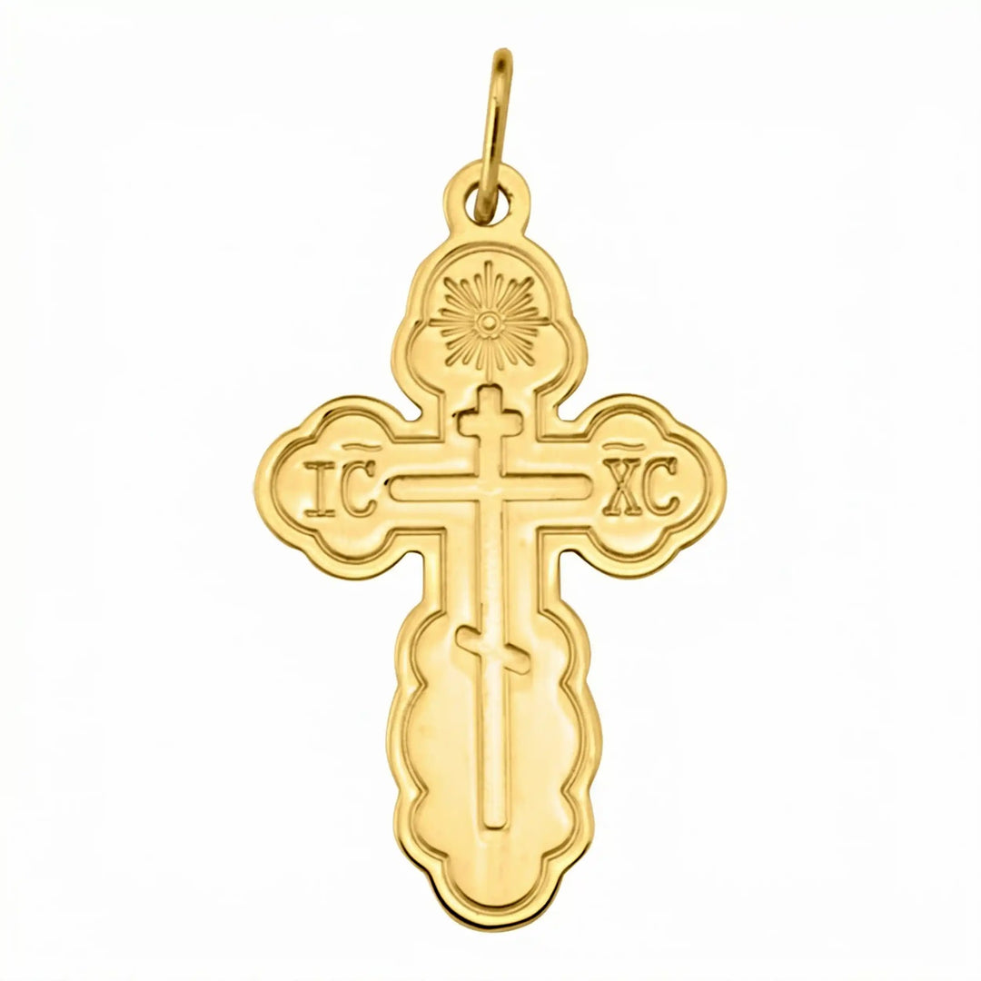 Three-Bar Orthodox Yellow Gold Cross Pendant on white background