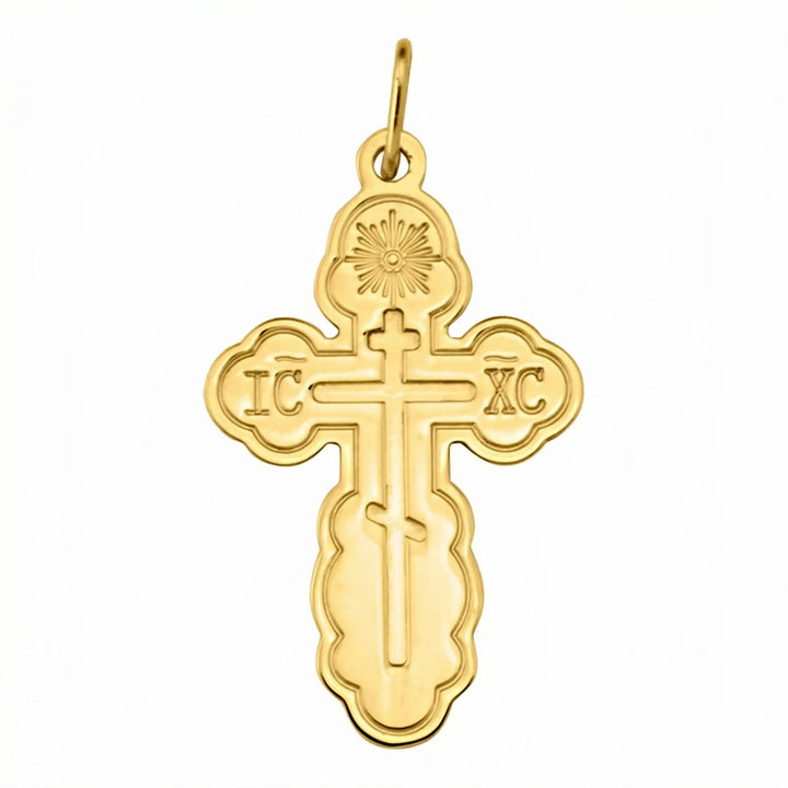 Three-Bar Orthodox Yellow Gold Cross Pendant on white background