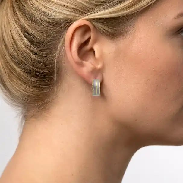 Two Tone Patterned Huggie Earrings - worn on ear