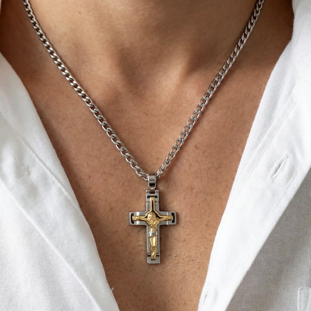 Layered Crucifix Two-Tone Gold Cross Pendant worn on mens chest