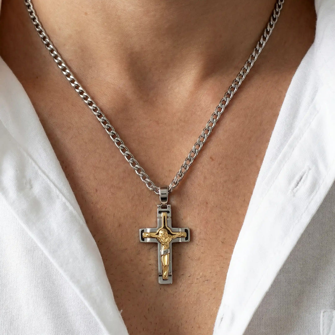Layered Crucifix Two-Tone Gold Cross Pendant worn on mens chest