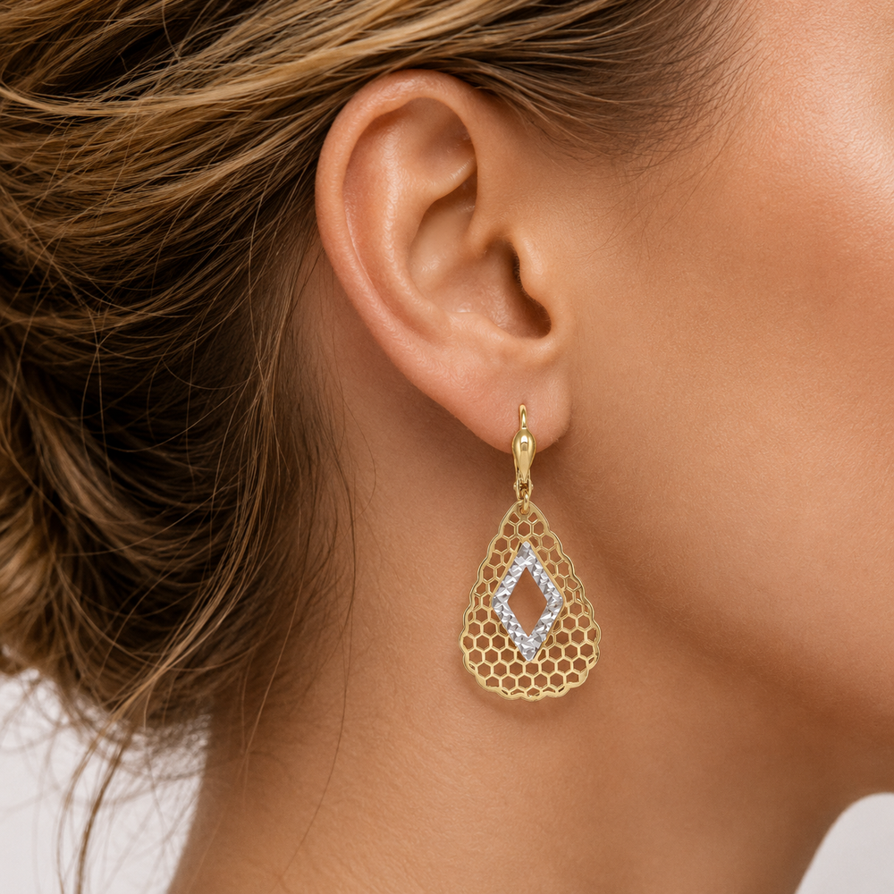 Two Tone Fancy Filigri Drop Earrings - worn on ear