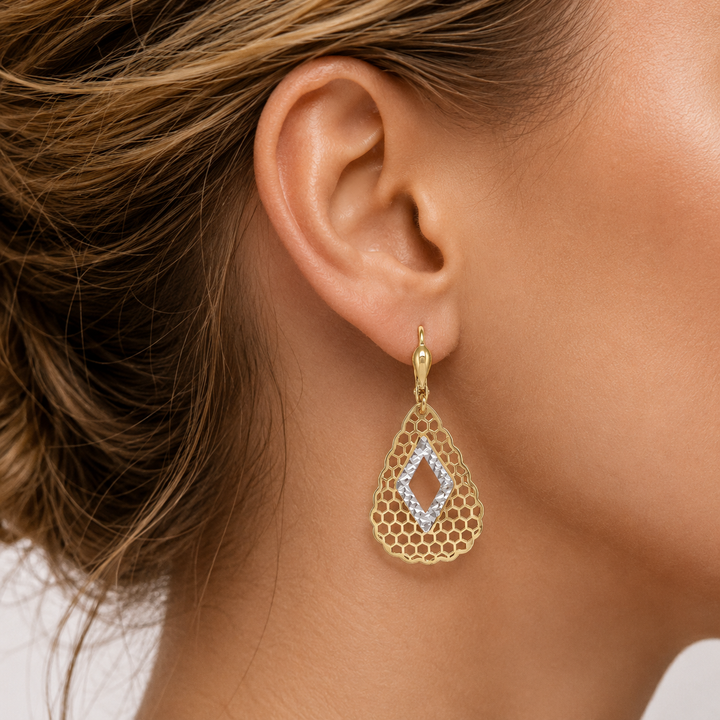 Two Tone Fancy Filigri Drop Earrings - worn on ear