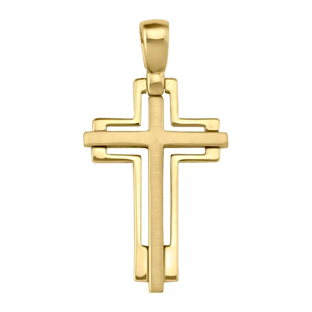 Layered Latin Yellow Gold Cross Pendant on white background
