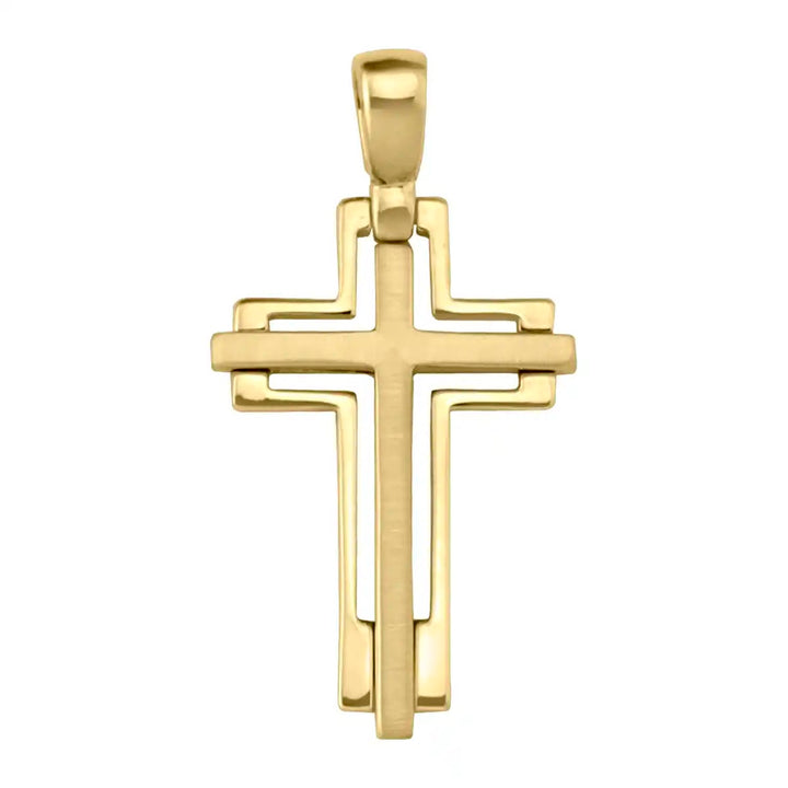 Layered Latin Yellow Gold Cross Pendant on white background