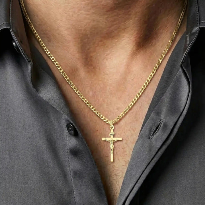 Latin Crucifix Yellow Gold Cross Pendant worn on mens chest