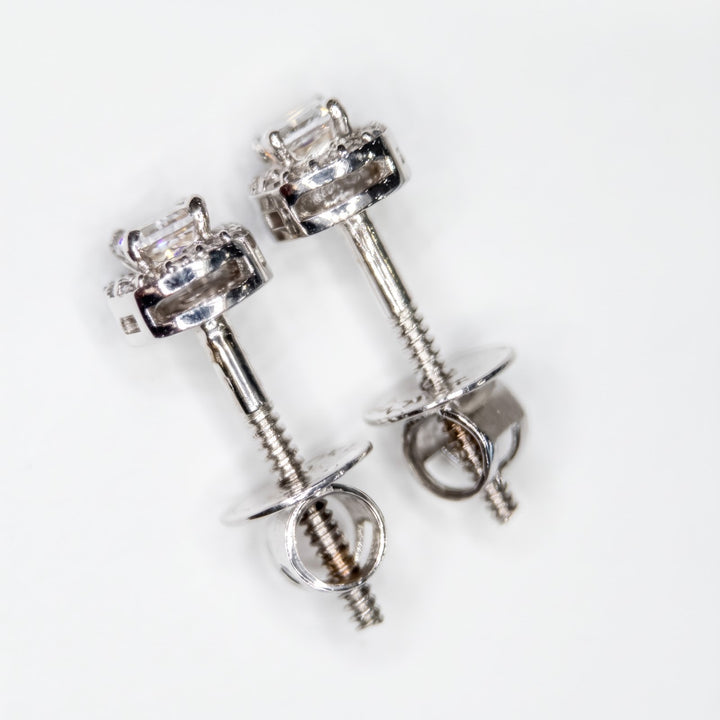 Back of the 10k white gold lab diamond halo studs and screw-backs