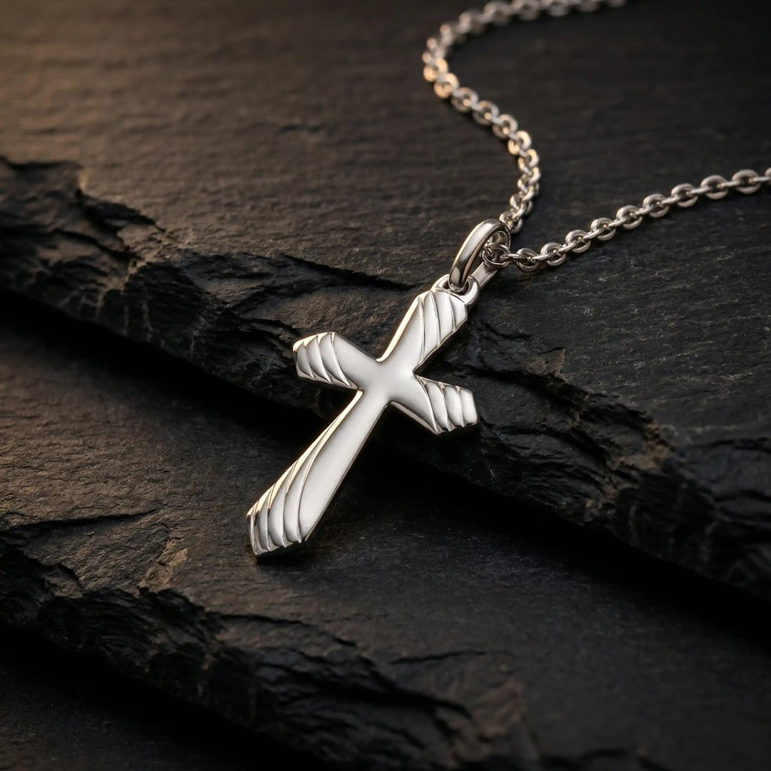 Textured Latin White Gold Cross Pendant on stone