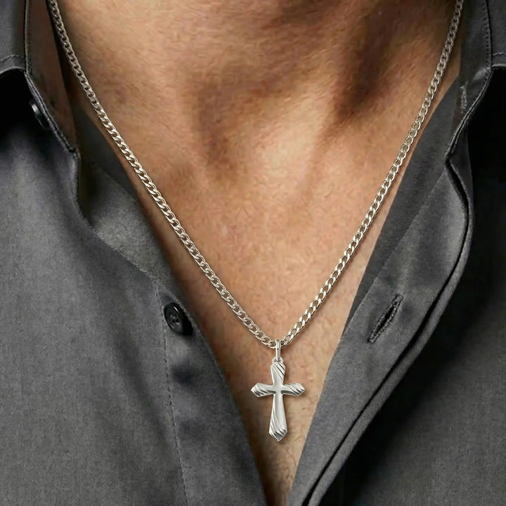 Textured Latin White Gold Cross Pendant worn on mens chest