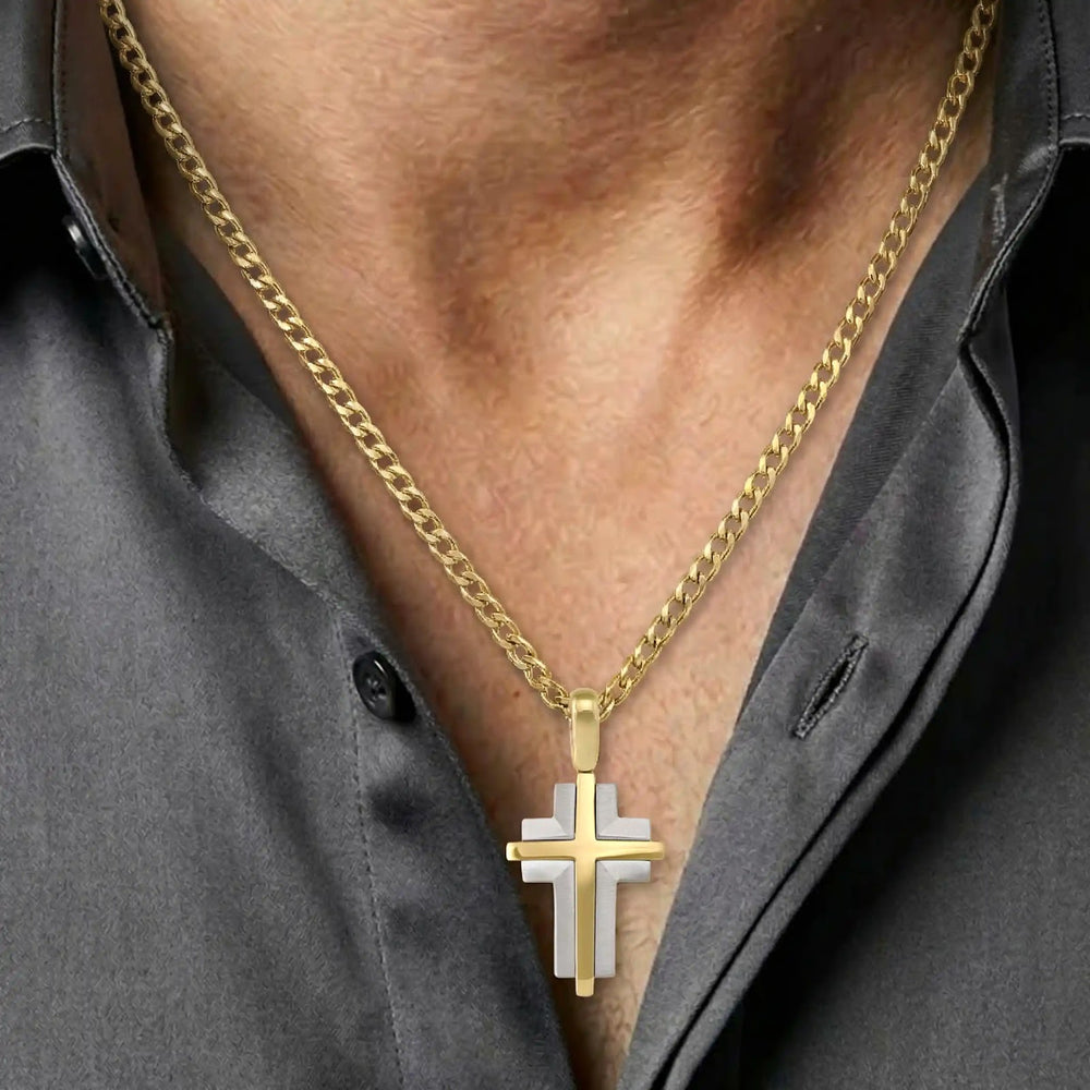 Layered Latin Two-Tone Gold Cross Pendant worn on mens chest