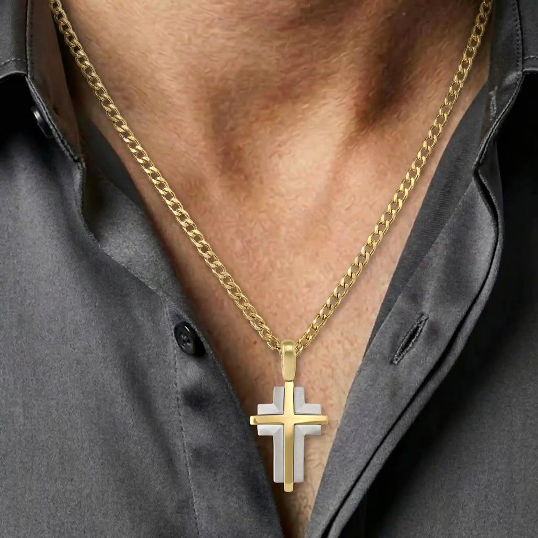 Layered Latin Two-Tone Gold Cross Pendant worn on mens chest