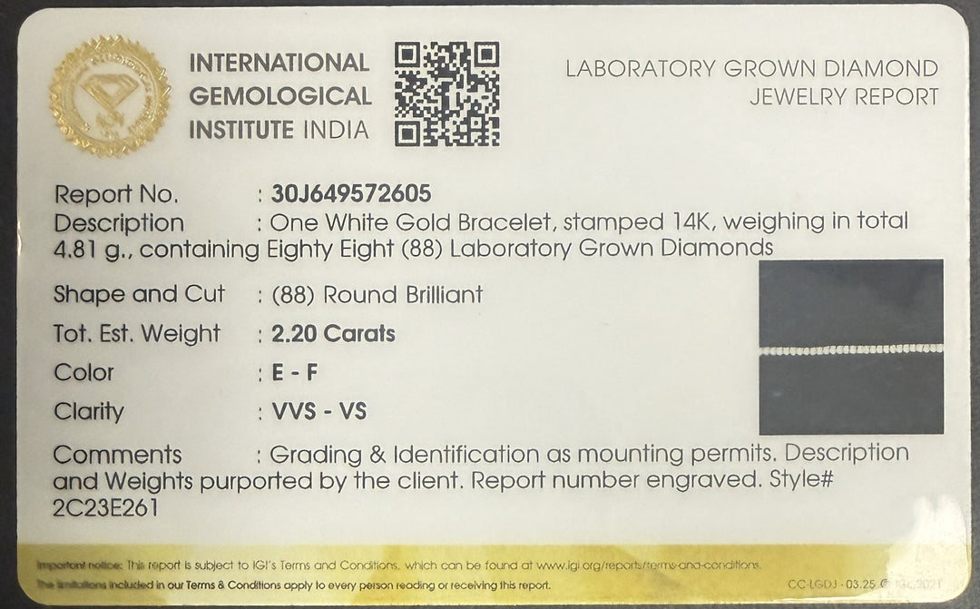 IGI laboratory-grown diamond jewelry report for the 2.20 carat tennis bracelet