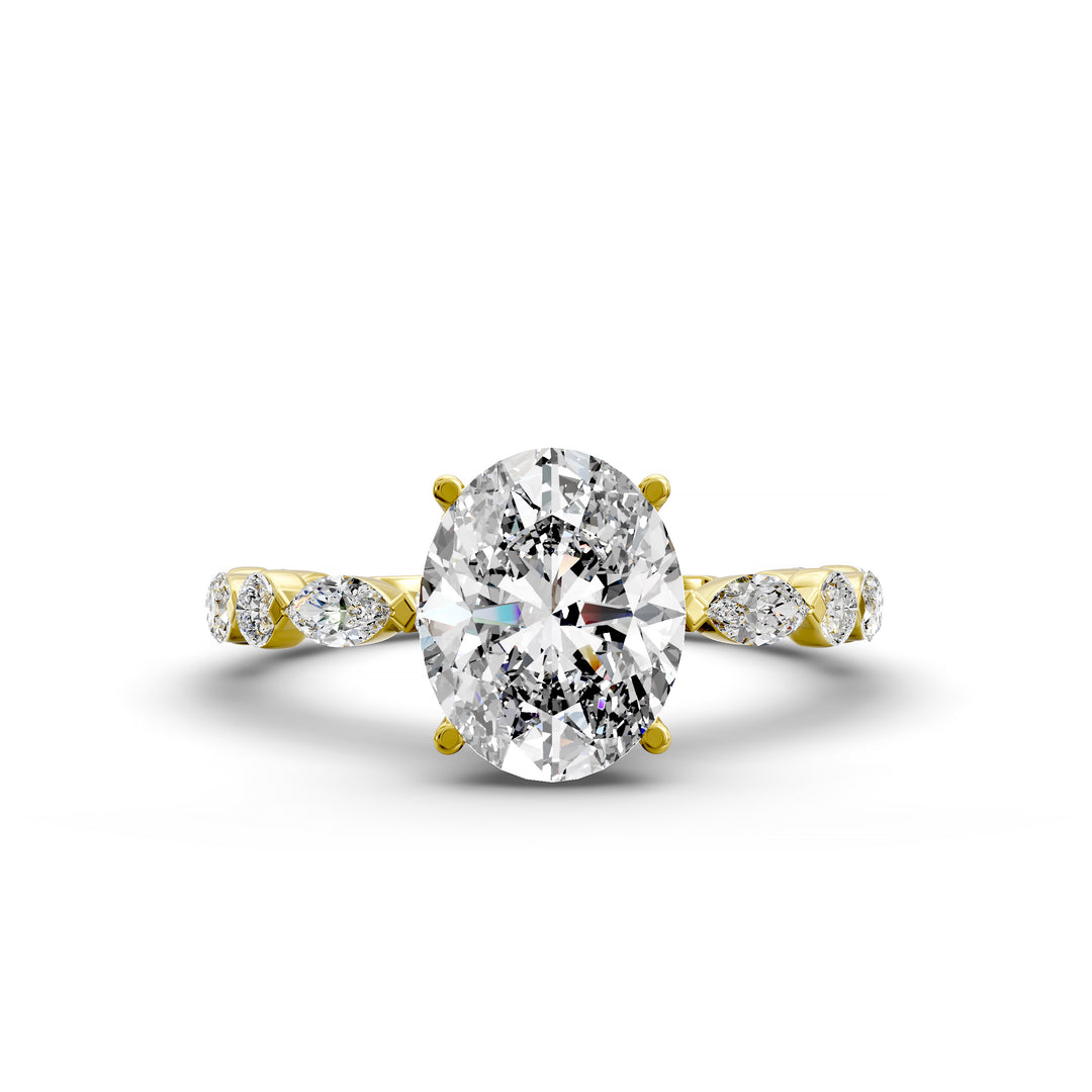 Oval hidden halo engagement ring with alternating marquise and round diamond band shown in studio lighting

