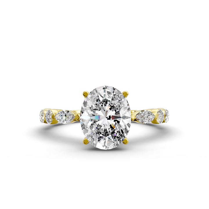 Oval hidden halo engagement ring with alternating marquise and round diamond band shown in studio lighting
