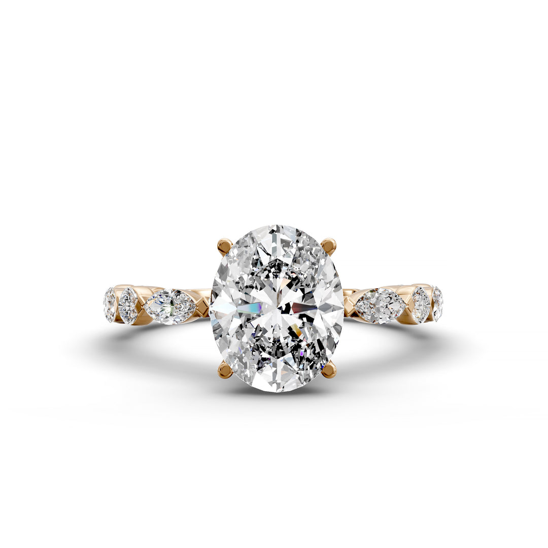 Oval hidden halo engagement ring with alternating marquise and round diamond band shown in studio lighting
