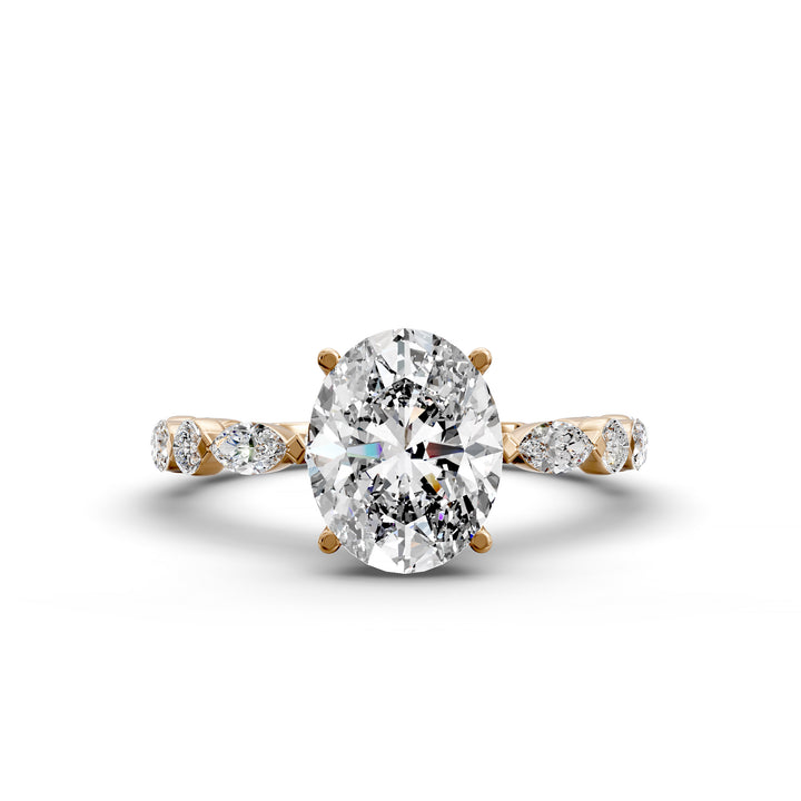Oval hidden halo engagement ring with alternating marquise and round diamond band shown in studio lighting
