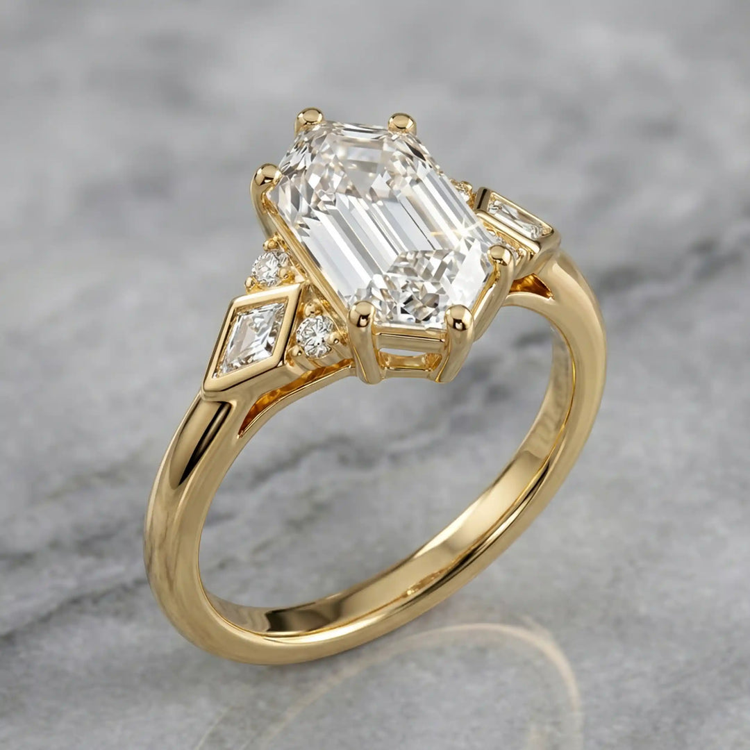 Elongated hexagonal lab-grown diamond engagement ring with side stones on a polished surface.
