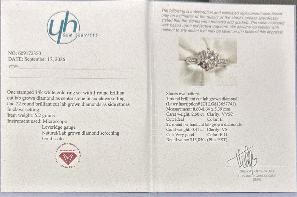 2.50 Ct Round Lab-Grown Diamond Pavé Engagement Ring in 14K White Gold — E/VVS2 IGI Certified — Appraisal certificate