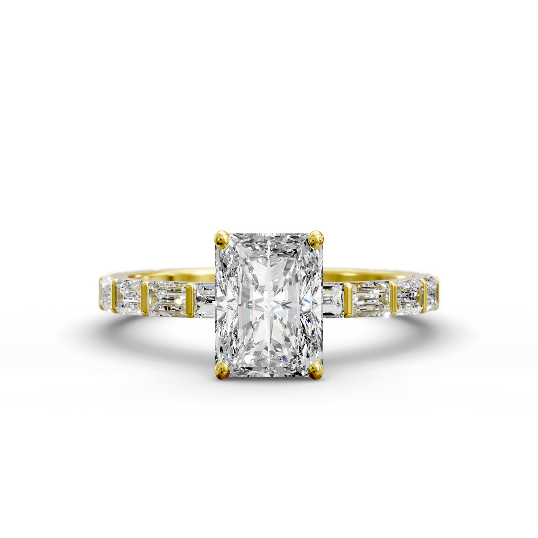 Radiant-cut diamond engagement ring with baguette diamond band shown in studio lighting.
