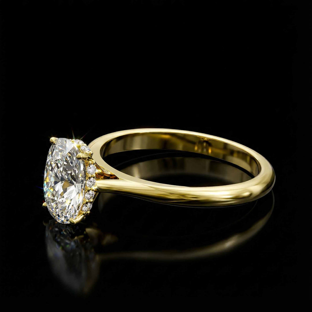 Elongated cushion diamond hidden halo cathedral engagement ring shown on display.
