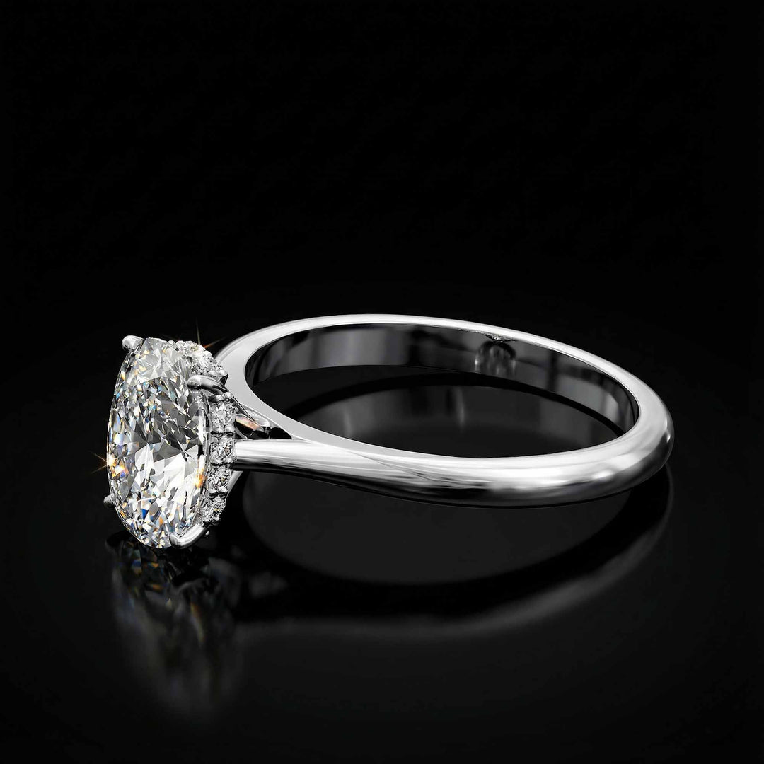 Elongated cushion diamond hidden halo cathedral engagement ring shown on display.
