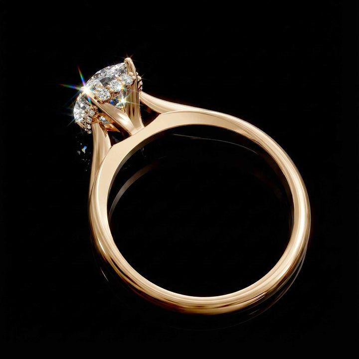 Elongated cushion diamond hidden halo cathedral engagement ring shown on display.