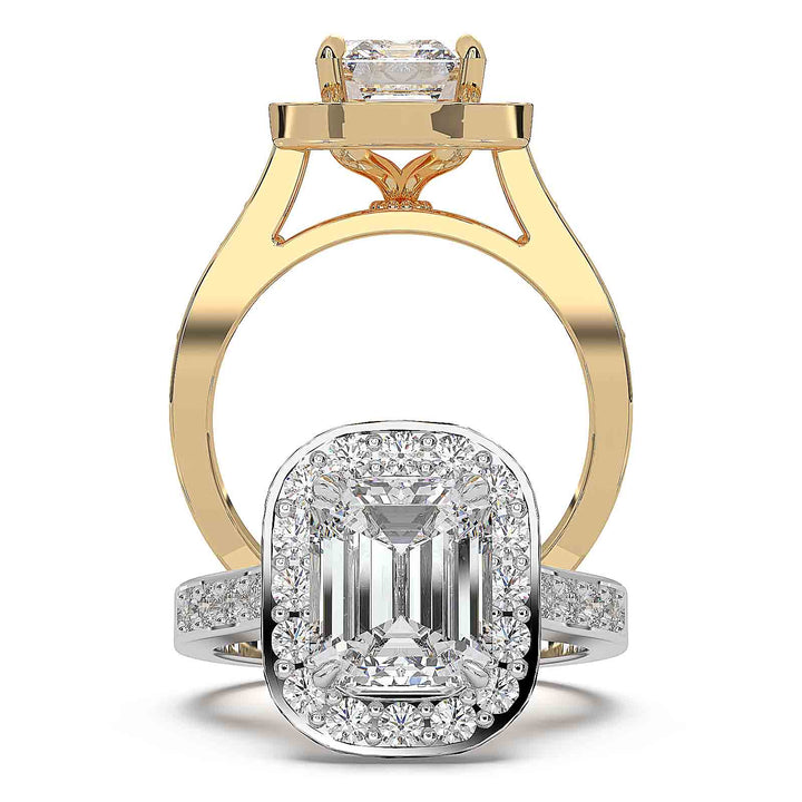 Cathedral-style emerald cut diamond ring with halo and channel-set diamond band, 2.3 carat