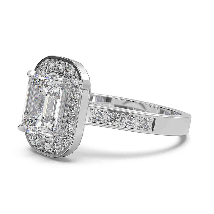 Cathedral-style emerald cut diamond ring with halo and channel-set diamond band, 2.3 carat