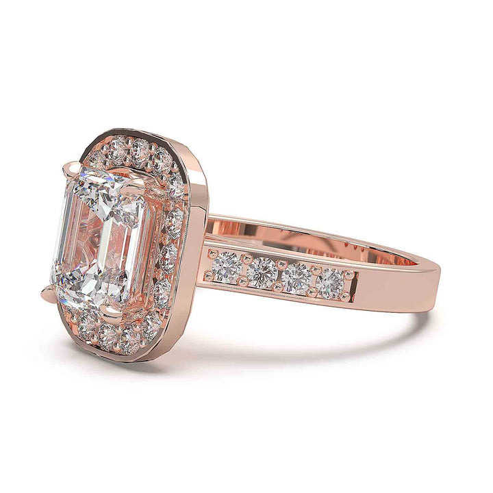 Cathedral-style emerald cut diamond ring with halo and channel-set diamond band, 2.3 carat