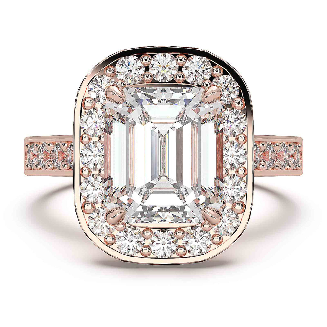 Cathedral-style emerald cut diamond ring with halo and channel-set diamond band, 2.3 carat