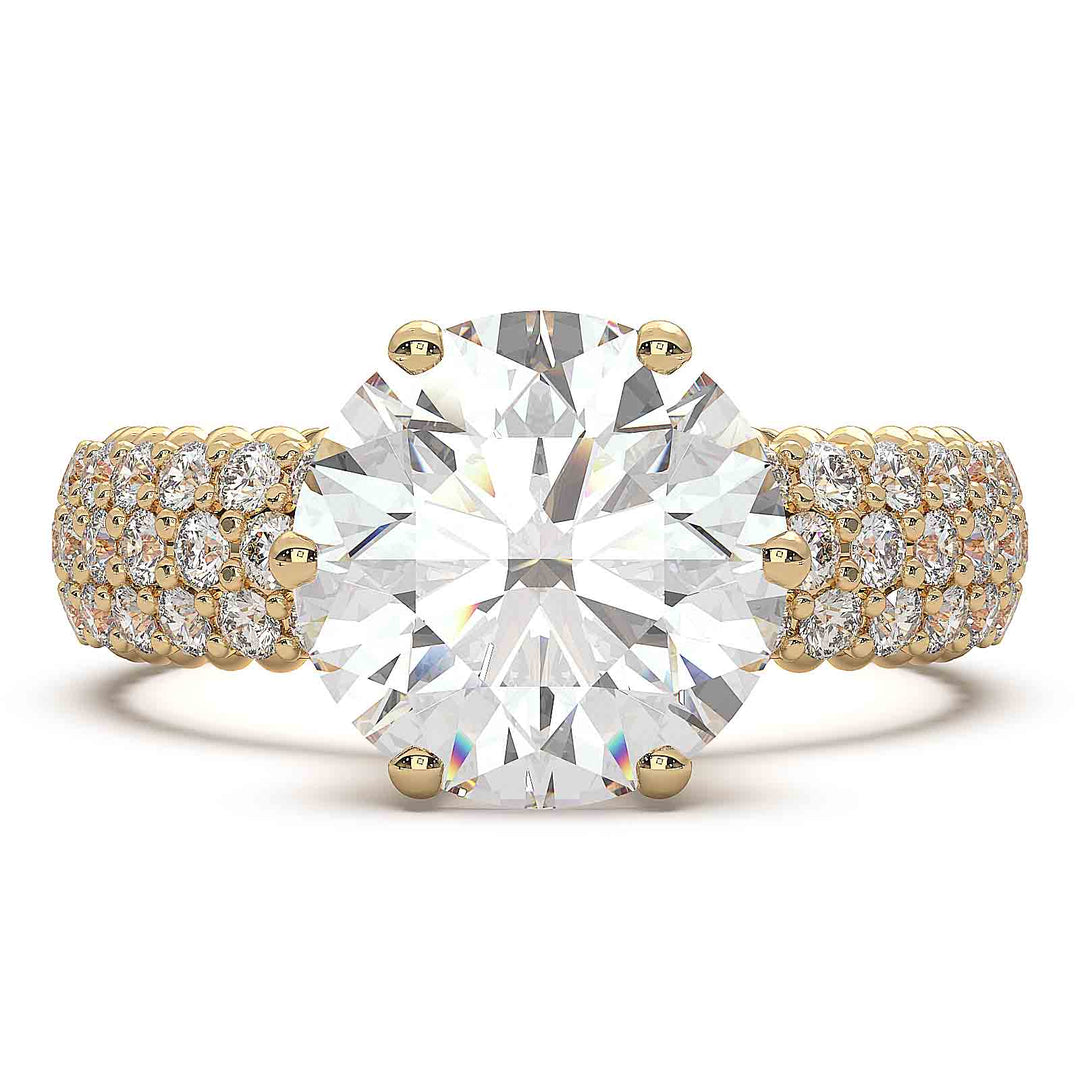 2.5 carat round diamond engagement ring with three rows of accent diamonds.