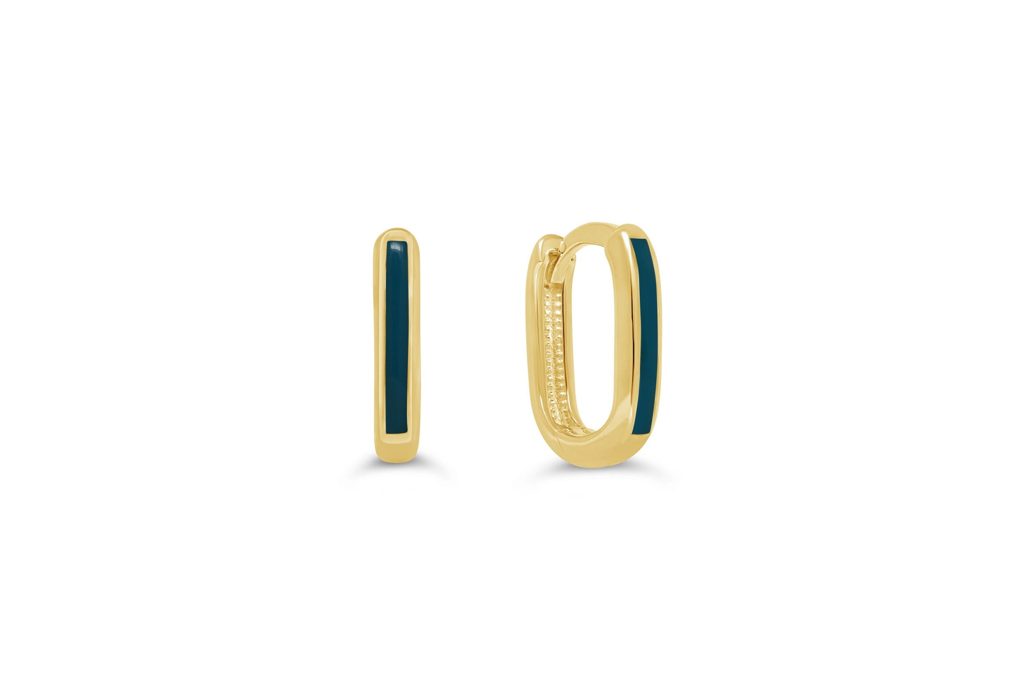 10k yellow gold huggie hoop earrings with bold blue enamel inlay and snap-back closure.