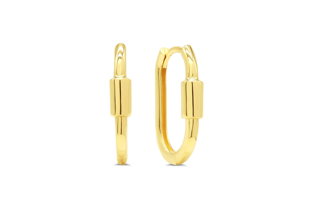 10k yellow gold huggie hoop earrings with cylindrical accent and polished finish.