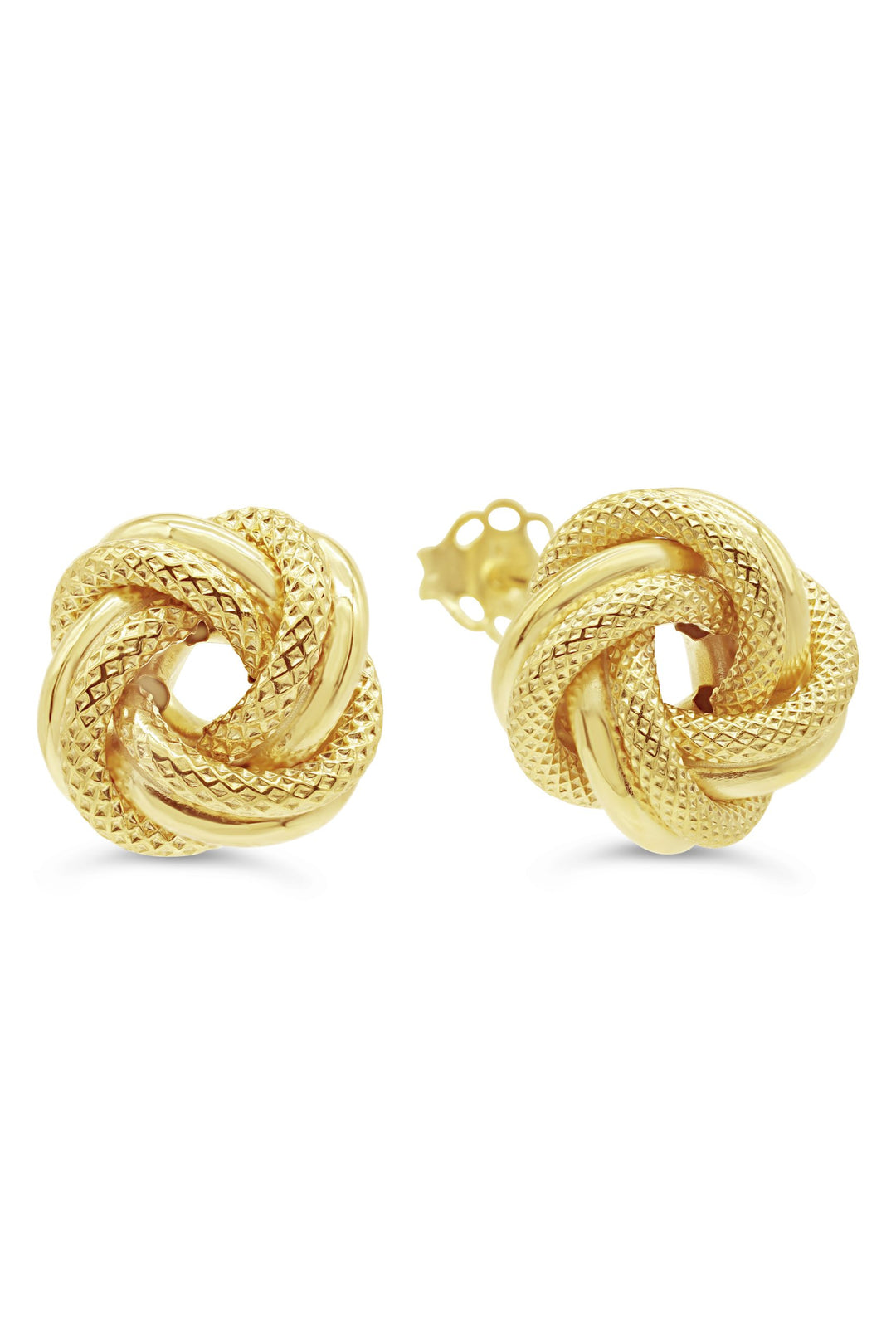 10k yellow gold knot stud earrings with textured and polished finish.