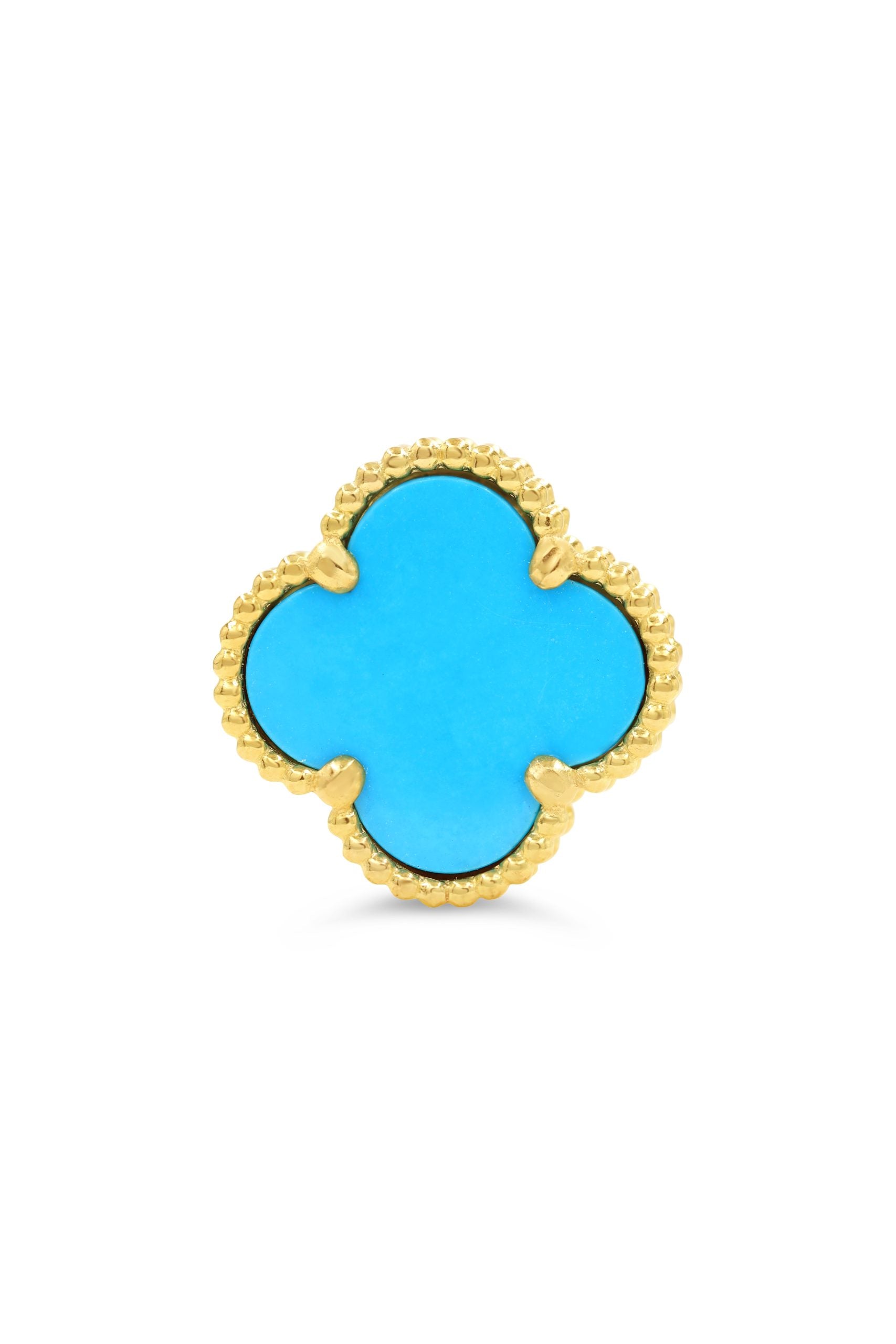 Gold and turquoise four-leaf clover earring with beaded gold detailing.