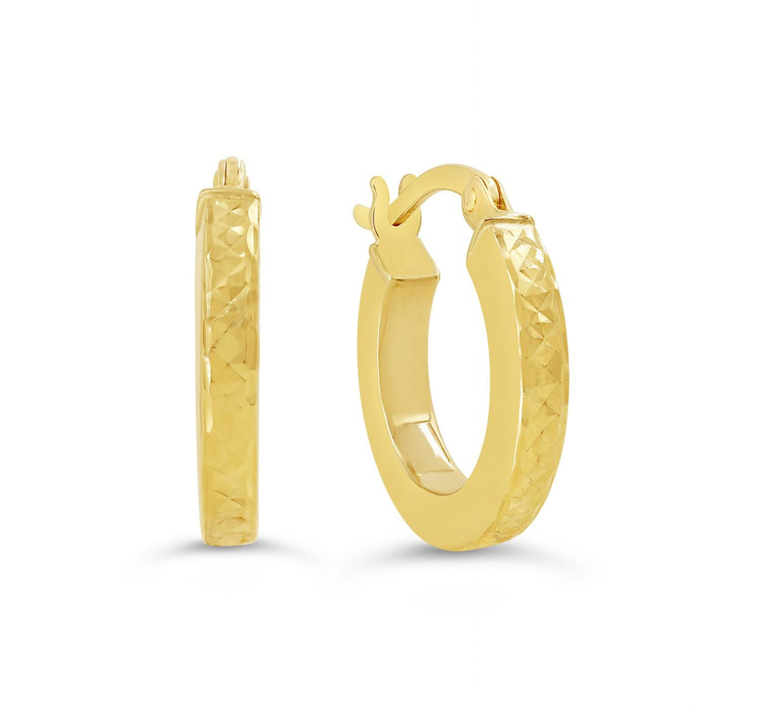 10K yellow gold hoop earrings, 13mm wide with a textured finish and latch-back closure. Perfect for elegant styling.