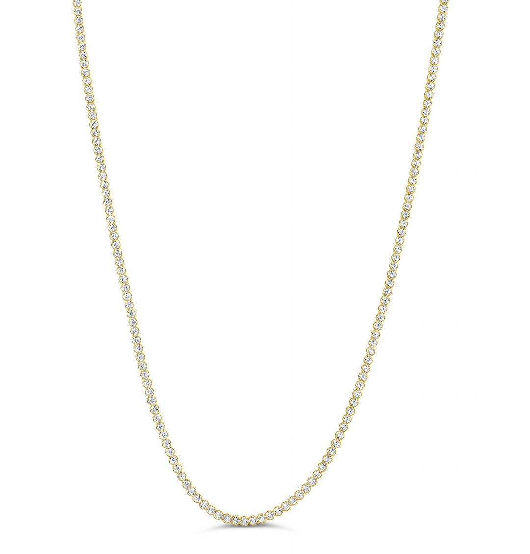 14K yellow gold tennis necklace with brilliant round-cut cubic zirconia stones in a polished continuous design.