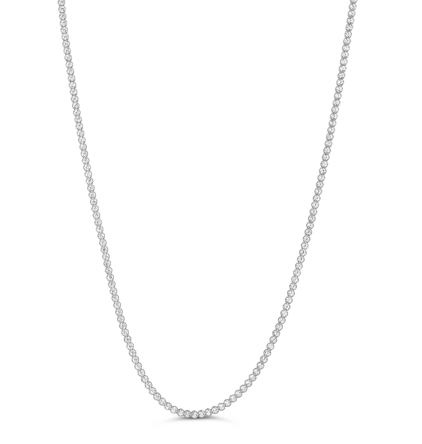 14K white gold tennis necklace with brilliant round-cut cubic zirconia stones in a continuous design.