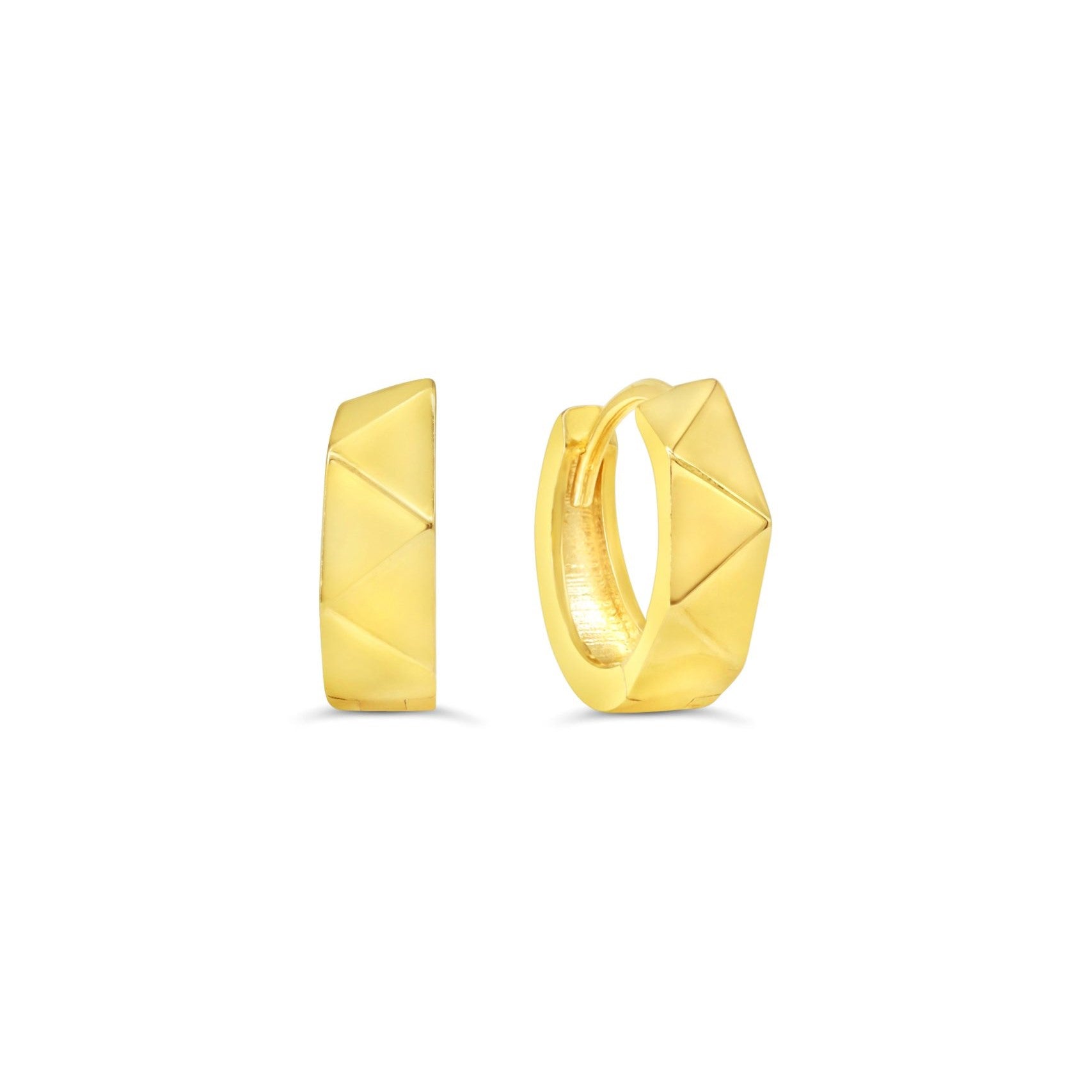 10K gold huggie earrings with a geometric design and hinged closure.