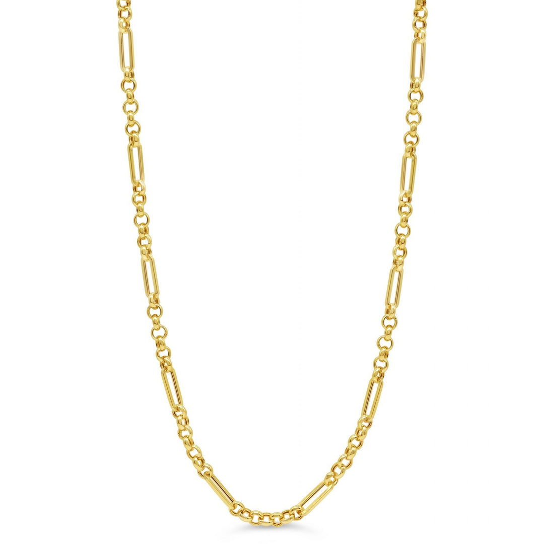 10K yellow gold necklace featuring alternating elongated bar and round links in a polished finish.