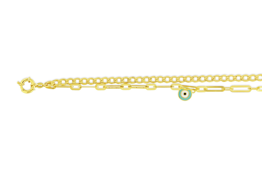 10k yellow gold double chain bracelet with blue Evil Eye charm, 7.5 inches long.