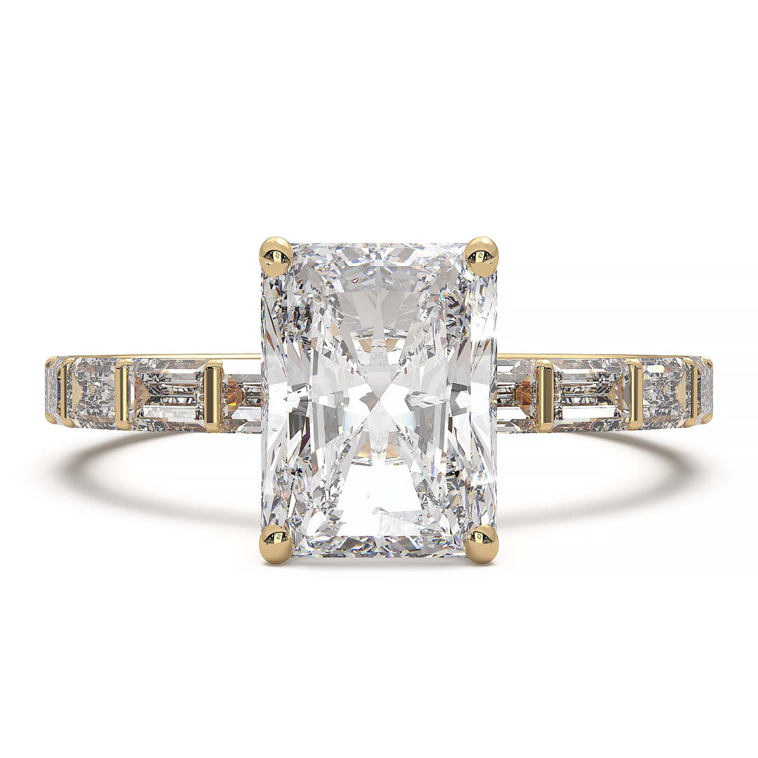 Radiant-cut lab grown diamond engagement ring with baguette diamond band