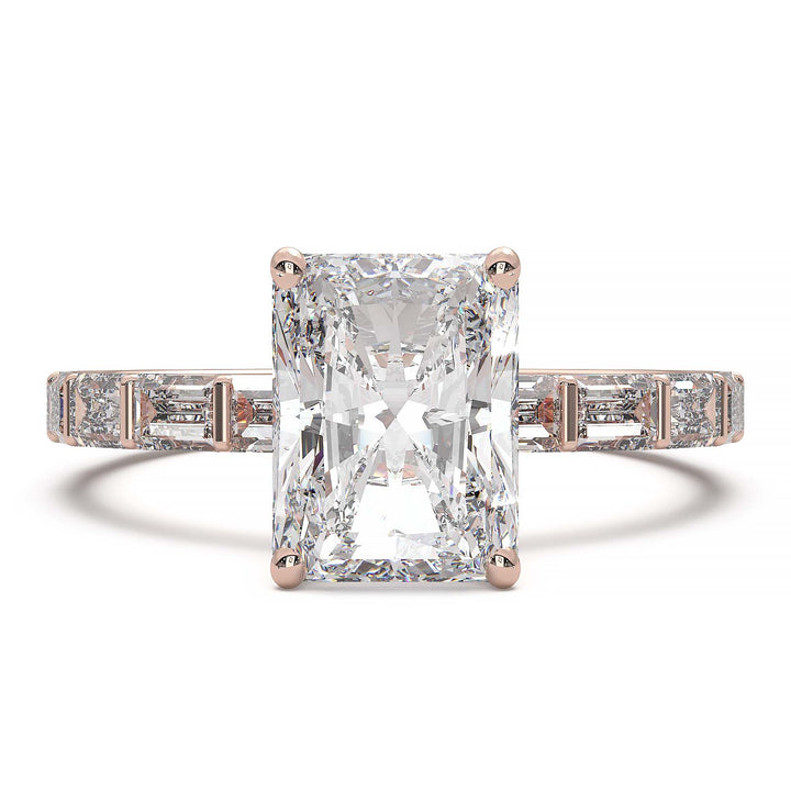 Radiant-cut lab grown diamond engagement ring with baguette diamond band