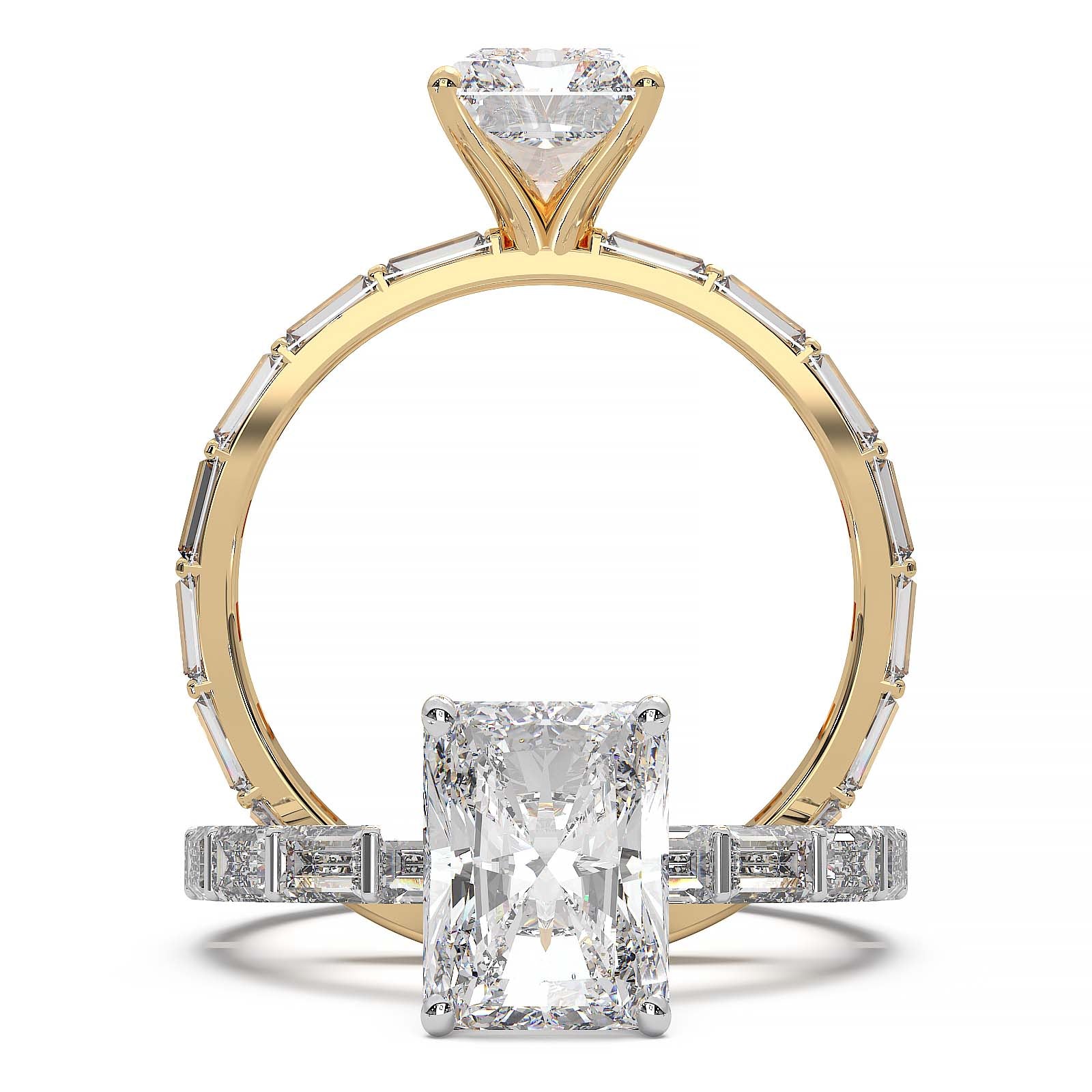 Radiant-cut lab grown diamond engagement ring with baguette diamond band