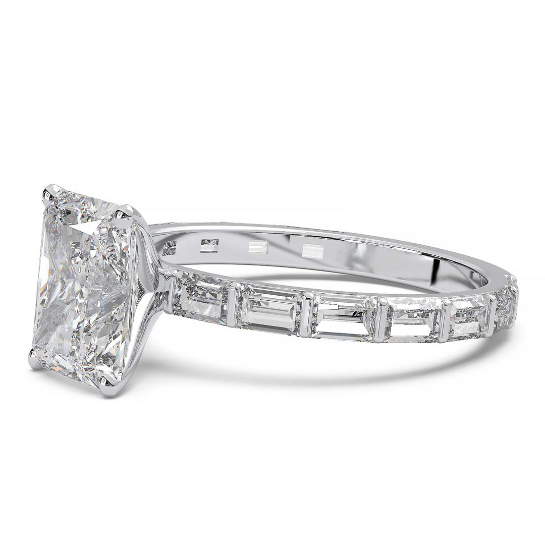 Radiant-cut lab grown diamond engagement ring with baguette diamond band