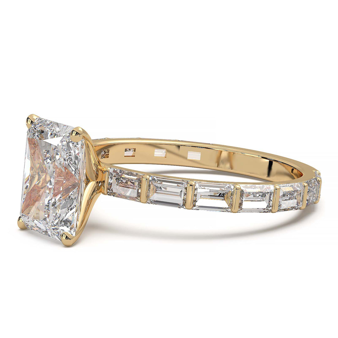 Radiant-cut lab grown diamond engagement ring with baguette diamond band