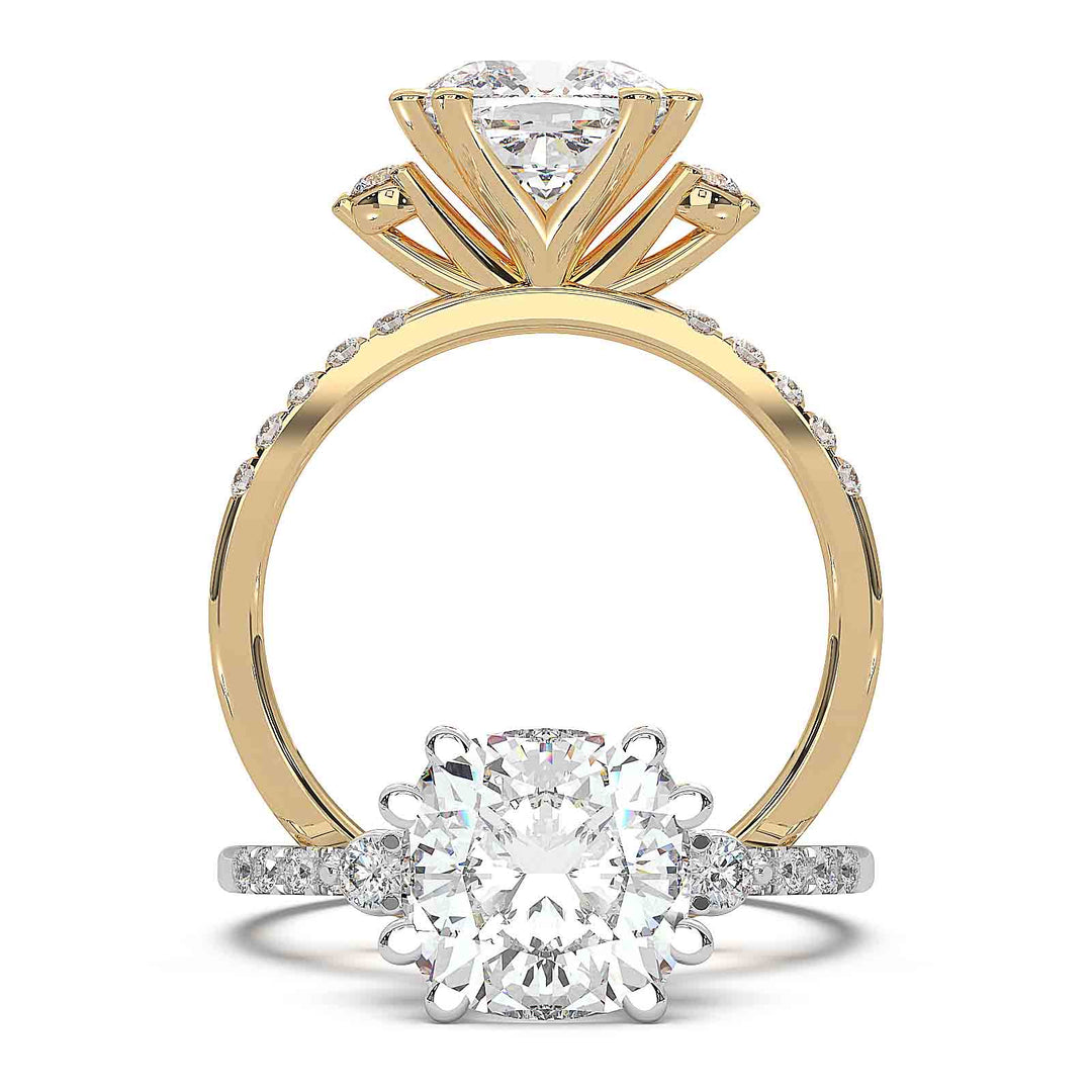 cushion-cut diamond engagement ring with pave-set diamond band and side stones