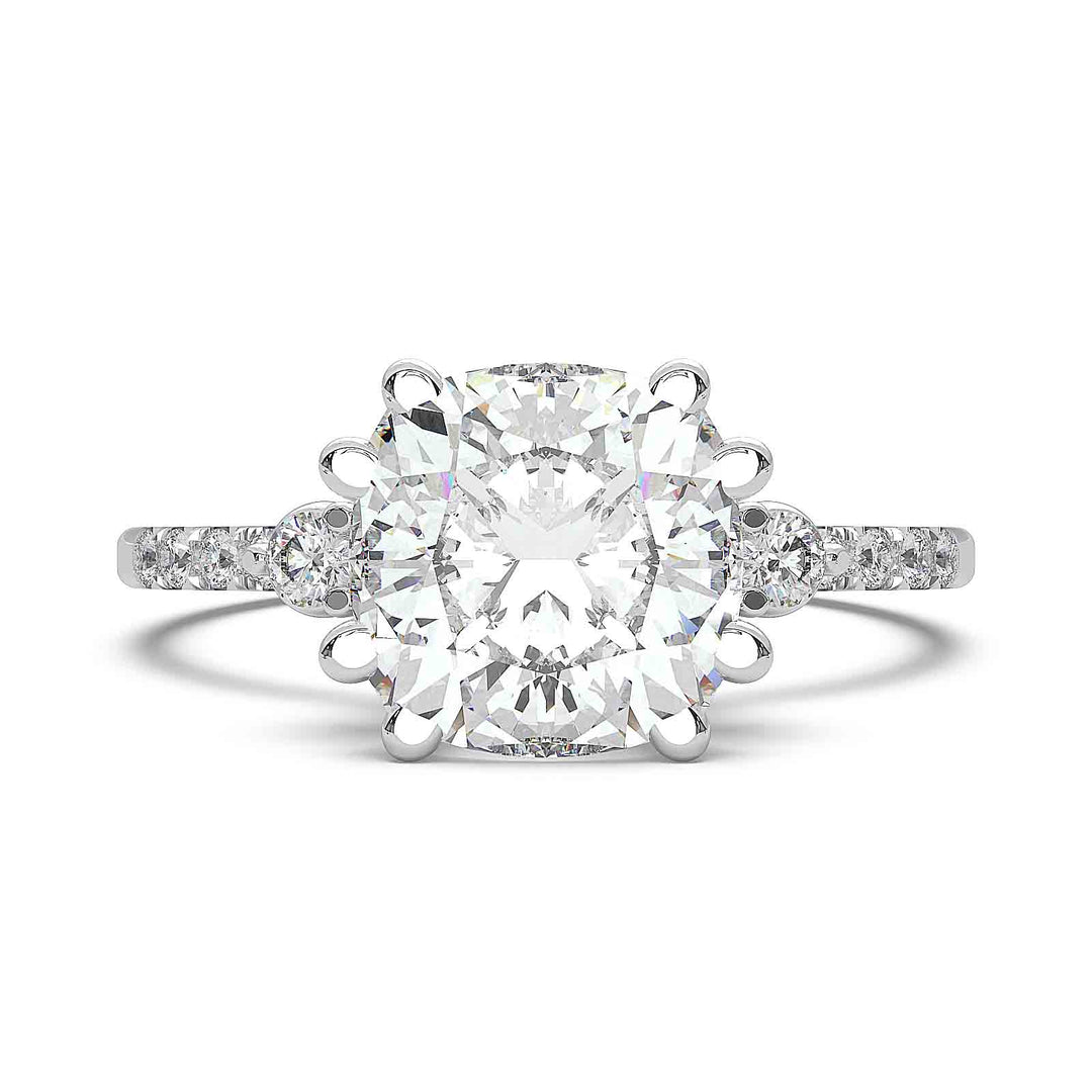 cushion-cut diamond engagement ring with pave-set diamond band and side stones